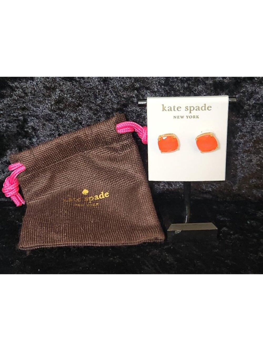 KATE SPADE Gold-Tone Coral Orange Translucent Small Square Stud Earrings NWT